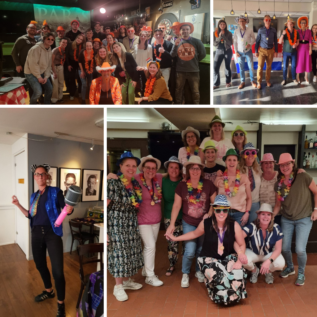 Lachende deelnemers tijdens een bedrijfsquiz van BedrijfsuitjeQuiz.nl — gezellig teamuitje met quiz en bingo vol humor en teambuilding